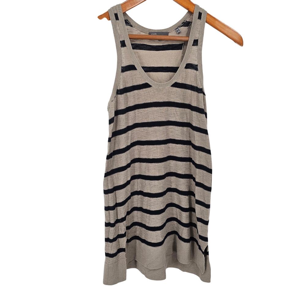 Vince Beige Black Striped Cotton Knit Scoop Neck Sleeveless Tunic Tank Top Small